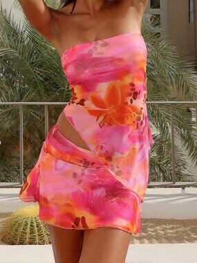 Pink Elegant Women's Mesh Tube Top & Mini Skirt Set